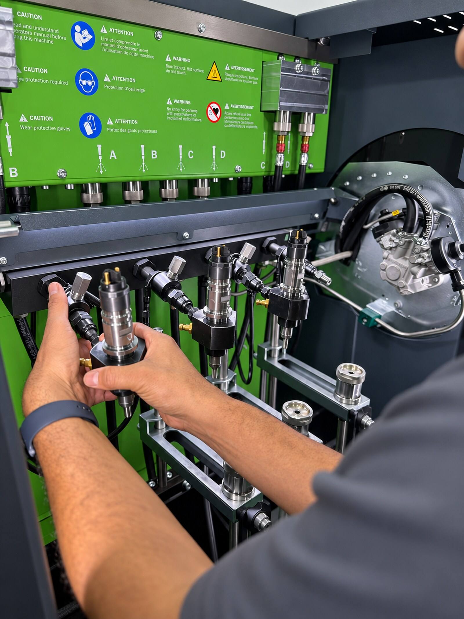 Diesel injector being tested on Bosch equipment at Diesel Continental's Bosch Diesel Center in Orlando